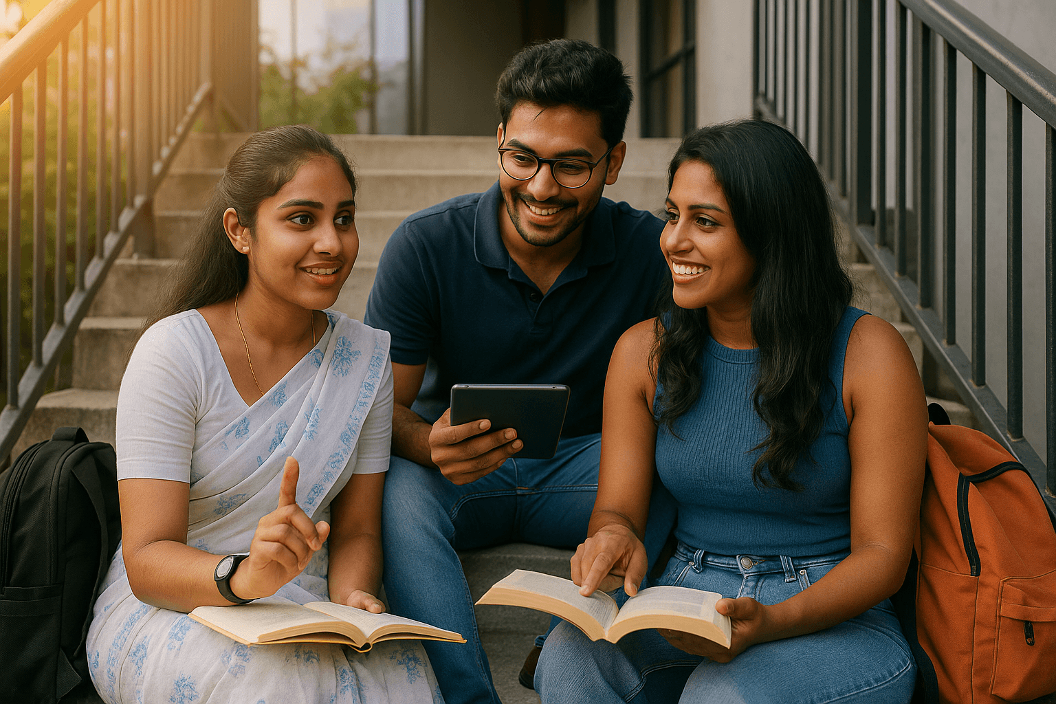 Group of university students studying together and discussing